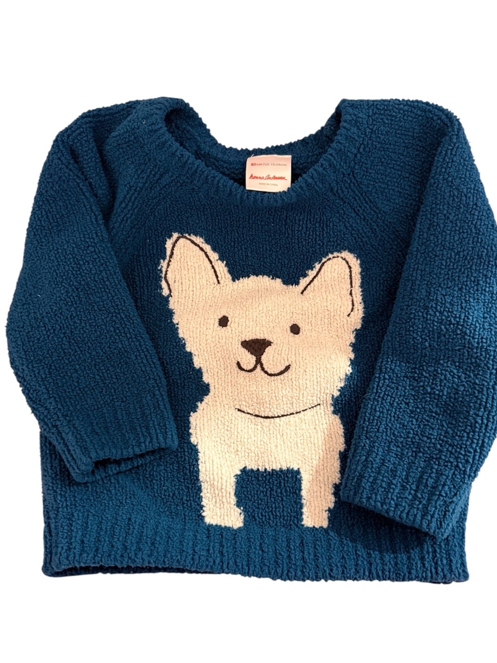 Hanna Andersson Cozy Critters Marshmallow Dog Teal Sweater, size 18-24 Months